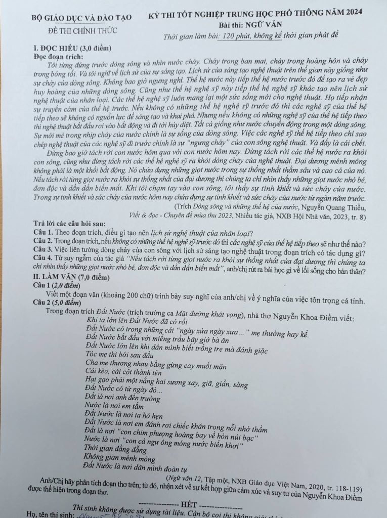 Đề thi và đáp án môn ngữ văn kỳ thi THPT quốc gia 2024